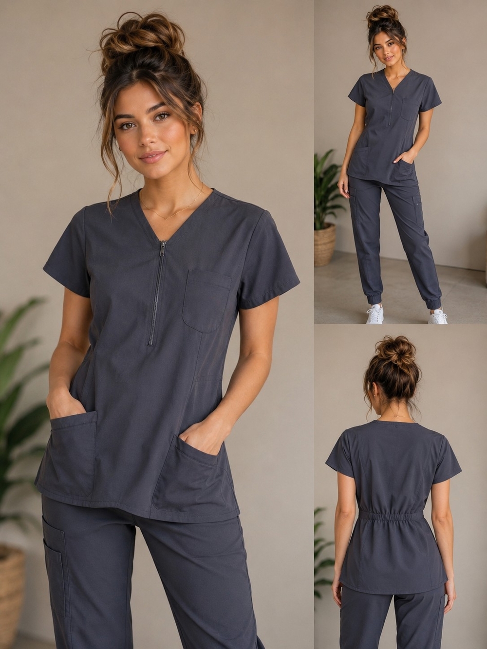 Women's Charcoal Short-Sleeve Zip V-Neck Scrub Top